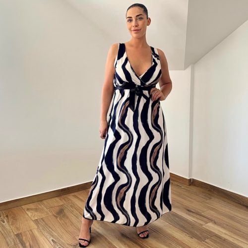 Detti átlapolt maxi ruha - fekete hullám mintás