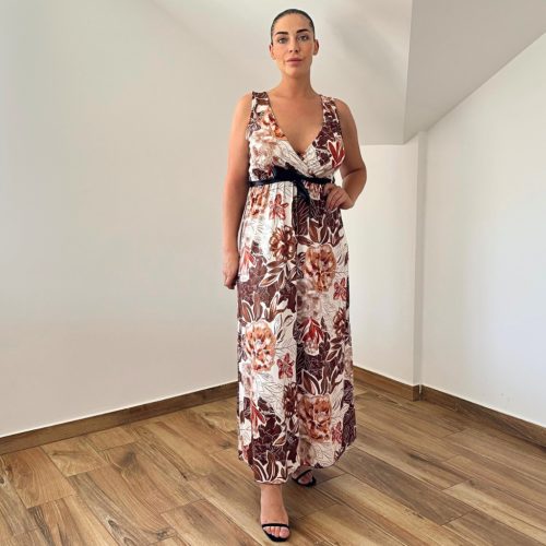 Detti átlapolt maxi ruha - barna virág mintás