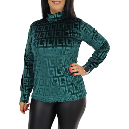 Elza magasított nyakú, bársony felső – Smaragdzöld görög mintás