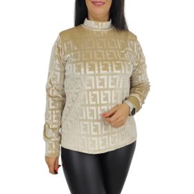   Elza magasított nyakú, bársony felső – Bézs görög mintás