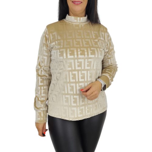 Elza magasított nyakú, bársony felső – Bézs görög mintás