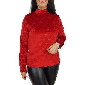   Elza magasított nyakú, bársony felső – Piros masnis mintás