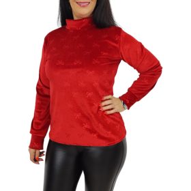   Elza magasított nyakú, bársony felső – Piros masnis mintás