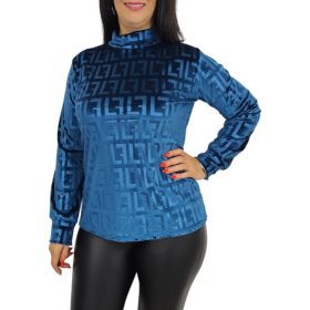   Elza magasított nyakú, bársony felső – Petrolkék görög mintás