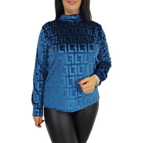   Elza magasított nyakú, bársony felső – Petrolkék görög mintás