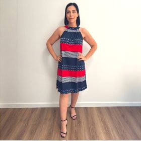 Flóra ujjatlan ruha- sötétkék csíkos kis virág mintás