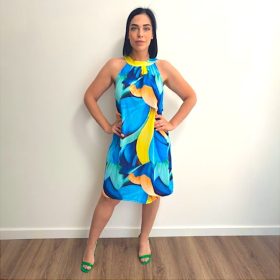 Flóra ujjatlan ruha- kék-sárga mintás