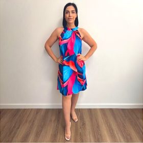 Flóra ujjatlan ruha- kék-pink mintás