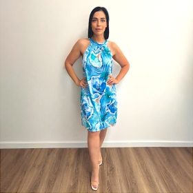 Flóra ujjatlan ruha- kék virág mintás