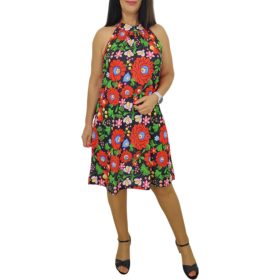 Flóra ujjatlan ruha - Fekete alapon matyó mintás