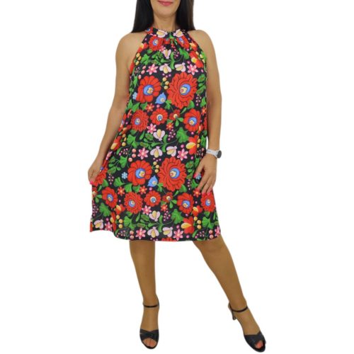 Flóra ujjatlan ruha - Fekete alapon matyó mintás