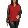 Fioretta V-nyakú, lurex csillogó tüllujjú elegáns felső – Piros
