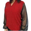 Fioretta V-nyakú, lurex csillogó tüllujjú elegáns felső – Piros