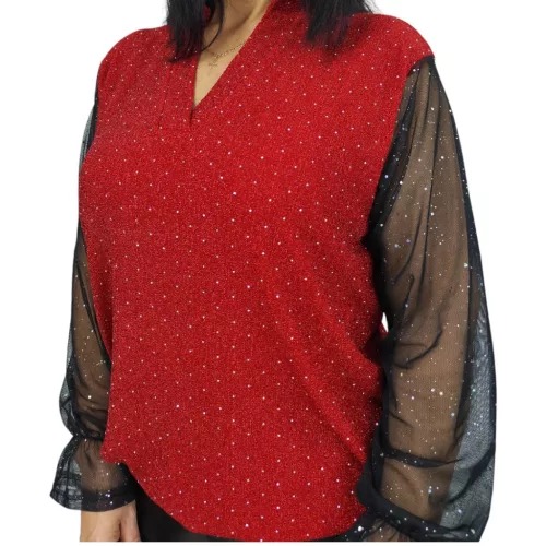 Fioretta V-nyakú, lurex csillogó tüllujjú elegáns felső – Piros