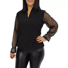   Fioretta V-nyakú, lurex csillogó tüllujjú elegáns felső – Fekete