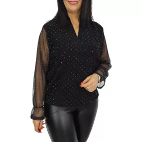   Fioretta V-nyakú, lurex csillogó tüllujjú elegáns felső – Fekete