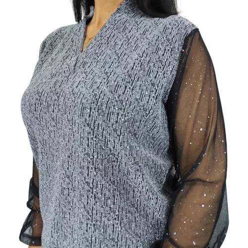 Fioretta V-nyakú, lurex csillogó tüllujjú elegáns felső – Ezüst