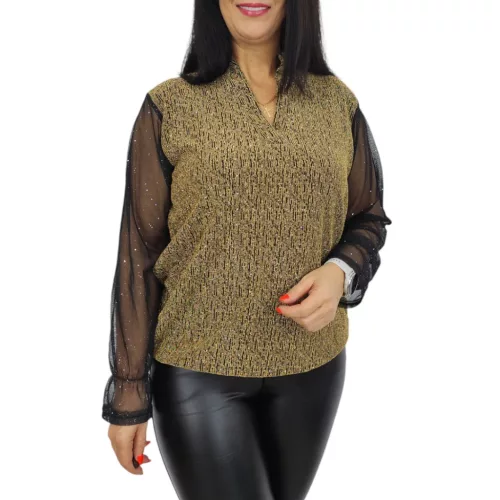 Fioretta V-nyakú, lurex csillogó tüllujjú elegáns felső – Arany