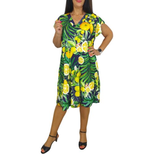 Fiona V-nyakú, bő fazonú midi nyári ruha- Citromkert