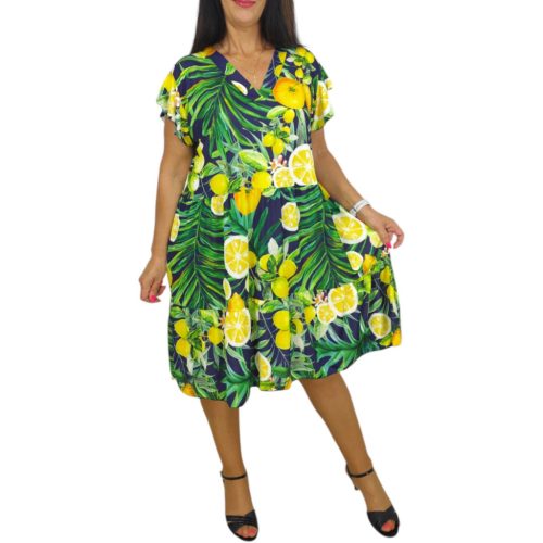 Fiona V-nyakú, bő fazonú midi nyári ruha- Citromkert