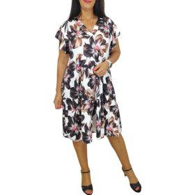 Fiona V-nyakú, bő fazonú midi nyári ruha- Mocha virágos