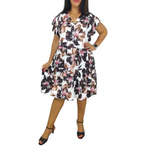 Fiona V-nyakú, bő fazonú midi nyári ruha- Mocha virágos