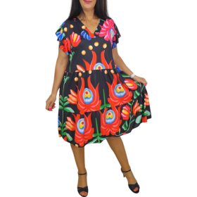   Fiona V-nyakú, bő fazonú midi nyári ruha- Kalocsai mintás