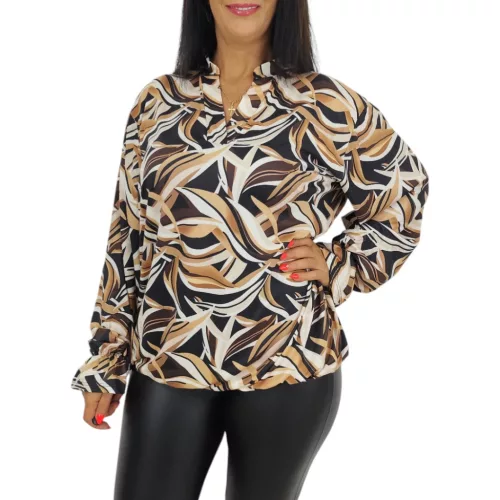 Fioretta plus size V-ingnyakú felső – Bézs levélhatású mintás