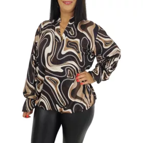   Fioretta plus size V-ingnyakú felső – Kávébarna hullámmintás