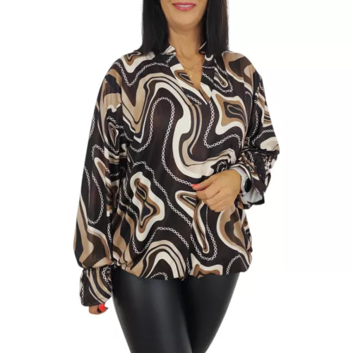 Fioretta plus size V-ingnyakú felső – Kávébarna hullámmintás