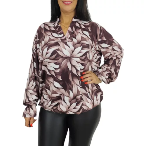Fioretta plus size V-ingnyakú felső – Mályvabarna mintás