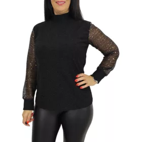   Glow lurex csipkés ujjú elegáns felső – Fekete (csillámos)