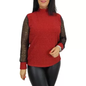   Glow lurex csipkés ujjú elegáns felső – Piros (csillámos)