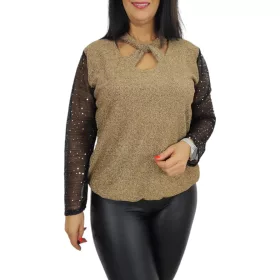   Glow keresztpántos, lurex csipkés ujjú elegáns felső – Pezsgő (csillámos)