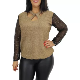   Glow keresztpántos, lurex csipkés ujjú elegáns felső – Pezsgő (csillámos)