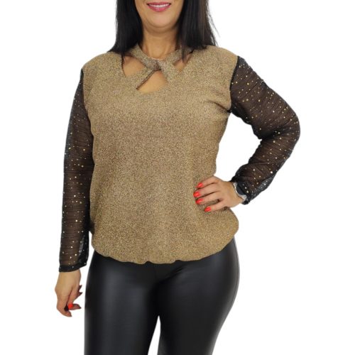 Glow keresztpántos, lurex csipkés ujjú elegáns felső – Pezsgő (csillámos)