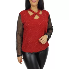   Livia keresztpántos, csillogó tüllujjú elegáns felső – Piros