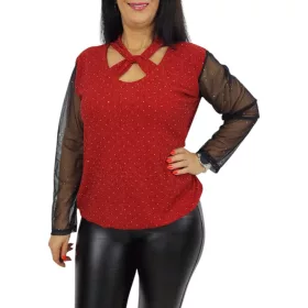   Livia keresztpántos, csillogó tüllujjú elegáns felső – Piros