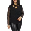 Livia keresztpántos, csillogó tüllujjú elegáns felső – Fekete