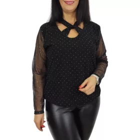   Livia keresztpántos, csillogó tüllujjú elegáns felső – Fekete