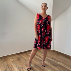 Heni elől-hátul V-nyakú ruha - piros matyó mintás