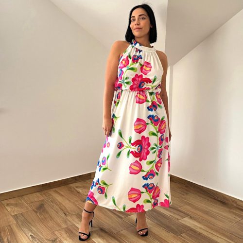 Kathy fehér matyó mintás maxi ruha