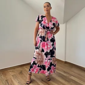 Lara átlapolt maxi ruha - rózsaszín virág mintás