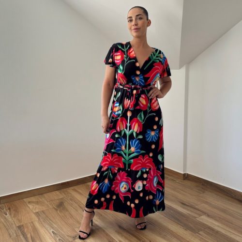 Lara átlapolt maxi ruha - kalocsai mintás