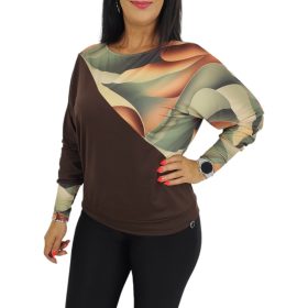   Léna denevér ujjú felső – Barna-olívás mintás betétes