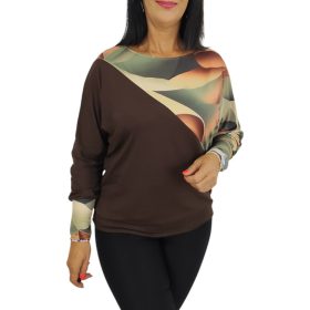   Léna denevér ujjú felső – Barna-olívás mintás betétes