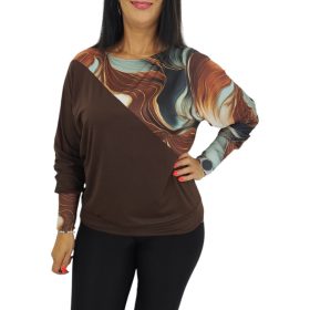   Léna denevér ujjú felső – Barna márványmintás betétes