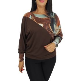   Léna denevér ujjú felső – Barna márványmintás betétes