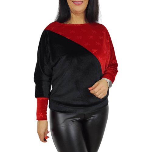 Léna bársony hosszú ujjú felső – Fekete/Piros masnis mintás