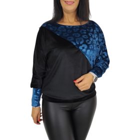   Léna bársony hosszú ujjú felső – Fekete/mélykék mintás